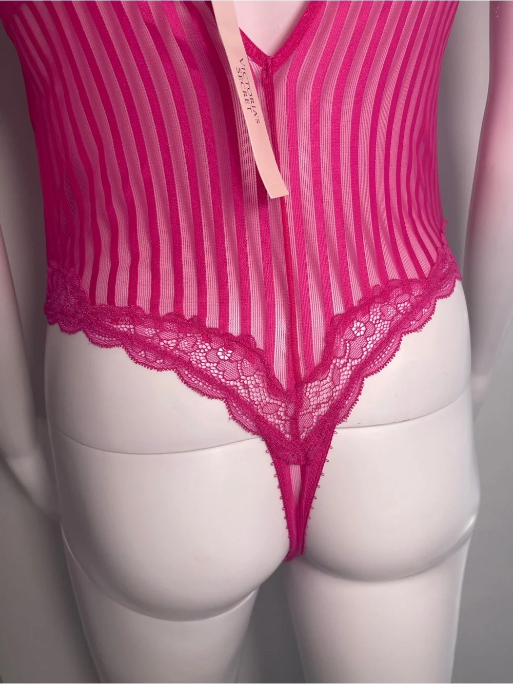 Victoria's Secret Women’s Fuchsia Striped Lace-Trim Bodysuit 100% Cotton Size SP